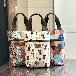 Canvas waterproof cartoon handbag cute cat dog bear print tote cup storage bag for women