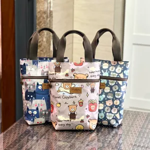 Cute cartoon canvas tote bag for water bottle, umbrella and daily small items with zipper.