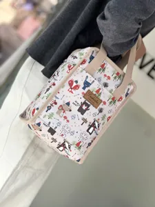 Cute forest animal print canvas lunch bag, portable insulated bento tote for office work.