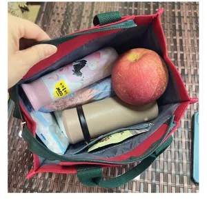 Vista dettagliata dell interno della borsa porta pranzo con grande capacita di carico.