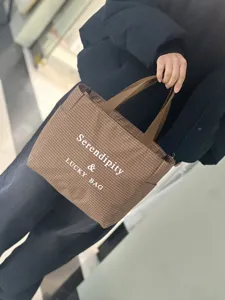 Detail shot of brown plaid tote bag featuring side pockets and sturdy straps, carried by hand.