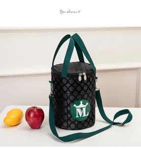 Insulated lunch box bag for office workers and students, thick round tote bag with strap.
