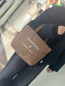 Brown plaid canvas tote bag, large capacity casual handbag for daily work commuting use.