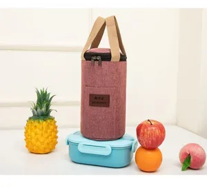 Waterproof insulated lunch bag, portable cylindrical bento storage pouch, thermal picnic handbag.