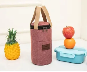 Cylindrical insulated lunch bag detail view, portable handbag sleeve for thermos cups and snacks.
