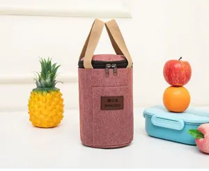 Detailed view of cylindrical portable lunch bag, waterproof thermos cup cover with sturdy handles.