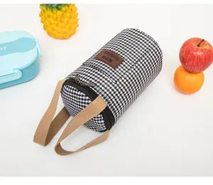 Houndstooth portable cylindrical lunch bag, waterproof thermal cup carrier with brown handles.