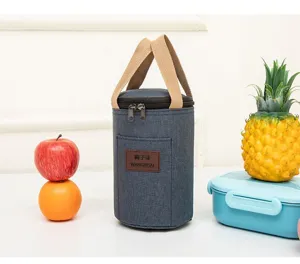 Waterproof cylindrical thermal lunch bag portable insulated bento tote bag for outdoor picnic