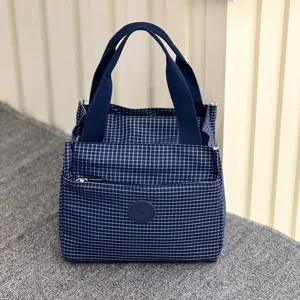 Koreaanse stijl blauw geruite geïsoleerde lunchtas met comfortabele handvatten en voorvak.