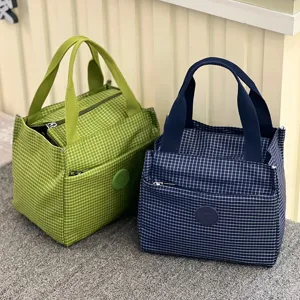 Koreaanse Stijl Kleine Ruit Geïsoleerde Lunchtas Waterdichte Oxford Stof Draagbare Bento Tas Voor Kantoor School Woon-Werkverkeer