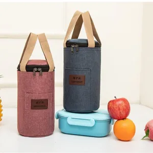 Waterproof insulated cylinder lunch bag portable bento storage handbag with front pocket