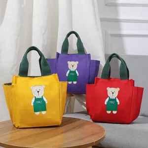Schattige Cartoon Beer Canvas Lunchtas Japanse Stijl Draagbare Handtas Kantoormedewerker Grote Tote Tas Vrouwen Dagelijkse Woon-werkverkeer Pouch