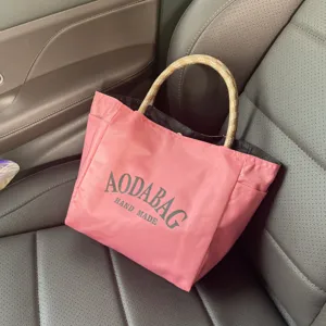 Pink nylon tote bag with woven handle large capacity minimalist handbag commuting shopping bag
