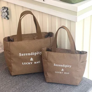 Korean style plaid canvas tote bag with letter print, large capacity casual handbag for women.
