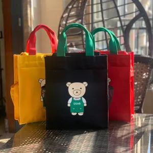 Bolso Tote de Lona Casual Estampado de Oso de Dibujos Animados Bolsa de Tutoría Estudiantil Multicapa Bolso de Mano Bolsa de Documentos