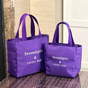 Purple grid tote bag set with letter print, stylish large capacity daily commuter handbag.