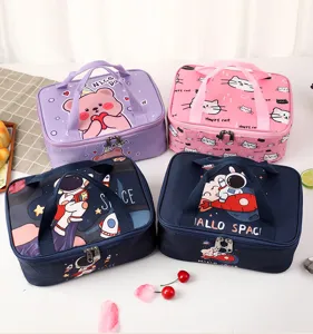 Cute cartoon insulated lunch bag portable rectangular bento box tote for students and office.