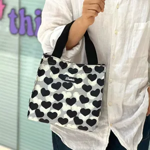 Canvas Lunch Tote Bag Black White Heart Print Small Handbag Handheld Casual Daily Commute
