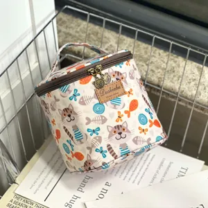 Detailed view of the cute cat patterned insulated lunch bag and cosmetic storage box.