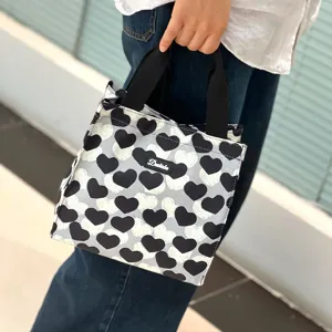 Black white heart print canvas lunch bag small tote handbag reusable thermal food container storage.