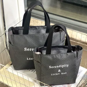 Korean minimalist grid tote bag large capacity canvas handbag casual commuting mommy shoulder bag