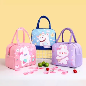 Cute cartoon insulated lunch bag portable canvas lunch box handbag for school office picnic