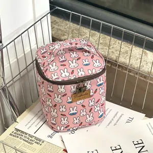 Pink cute rabbit print cosmetic bag portable lunch bag large capacity travel makeup storage.