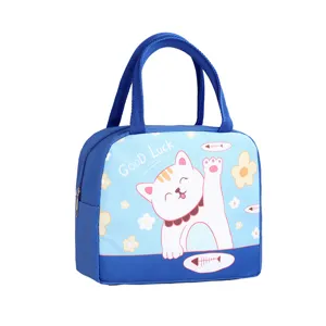 Blue insulated lunch bag with cute cartoon cat print, portable thermal bento handbag.