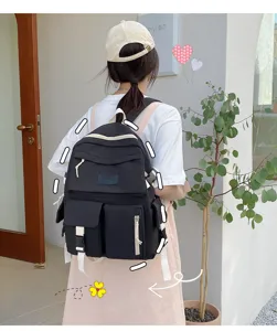 Casual canvas backpack for students, large capacity travel bag with multi pockets, black