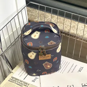 Detail view of the waterproof cosmetic and lunch bag featuring cute bear pattern and sturdy handle.