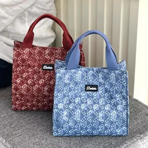 Large capacity canvas lunch bag stylish checkerboard tote bag for women office work storage