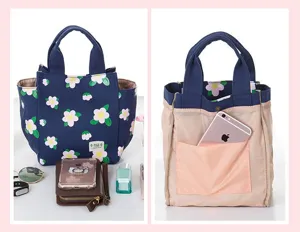 Canvas lunch bag with floral pattern, navy blue handbag, cute tote bag for students.