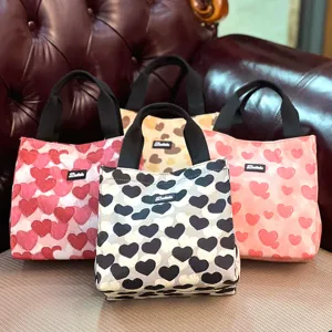 Canvas heart print lunch tote bag, large capacity fashion handbag for daily casual use.