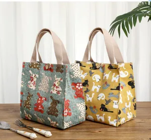 Canvas lunch bag cute animal print portable insulated food container handbag for office