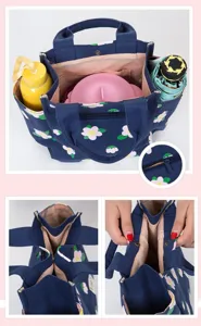 Navy blue canvas lunch bag with cute floral pattern, multi-pocket design for daily use.