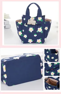 Detailed view of the canvas lunch bag showing floral pattern, secure zipper pocket, and durable straps.