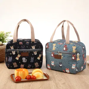 Thickened canvas lunch bag for women, cute cat print thermal insulated tote handbag