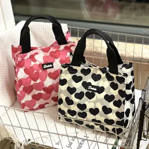 Canvas lunch bag large capacity cute heart pattern tote handbag for office work picnic