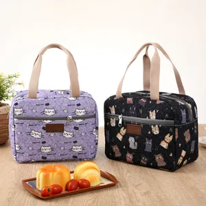 Insulated lunch bag cute cartoon cat pattern waterproof fabric canvas handle office worker