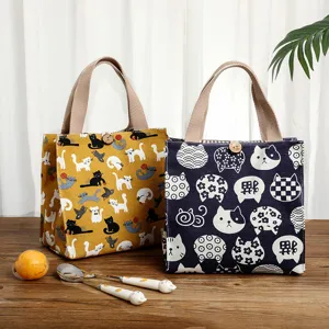 Japanese Canvas Lunch Bag Waterproof Portable Bento Bag Cute Cartoon Animal Print Food Storage Bag For Office Student