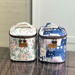 Waterproof insulated lunch bag and cosmetic organizer with cute cartoon prints and dual zippers.
