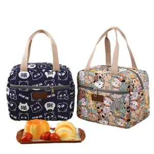 Insulated lunch bag canvas tote bag portable cute cartoon cat pattern food storage organizer
