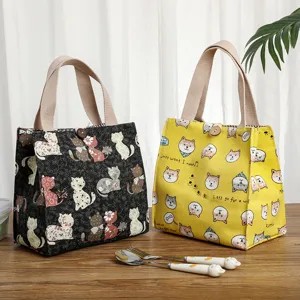 Waterproof canvas lunch bag, cute cat and dog pattern handbag for office and school daily use.