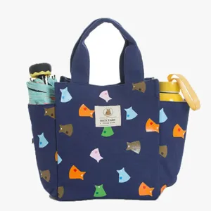Canvas lunch bag tote cute cartoon animal print bento bag with side pockets for daily work school