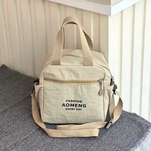 Insulated lunch bag for women, waterproof canvas crossbody tote with cup holder, beige style.