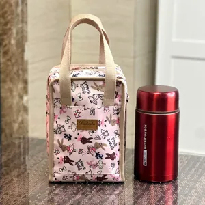Cute pink rabbit pattern vertical lunch bag waterproof bento thermos bottle tote bag for work