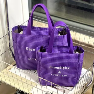 Purple plaid canvas tote bag large capacity commuting handbag simple letter design style