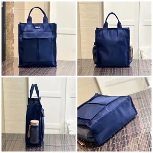 Dark blue multi-pocket canvas tote bag, large capacity student document and lunch handbag.