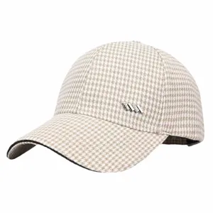 Women houndstooth baseball cap, stylish casual autumn spring hat with metal decoration detail