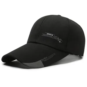 Black canvas baseball cap with extra-long brim, stylish letter print for outdoor sun protection.